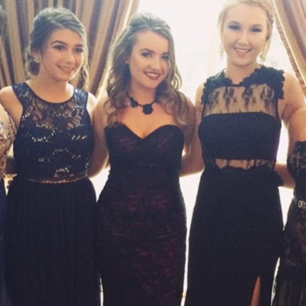 Selling purple + black lace mermaid prom dress.